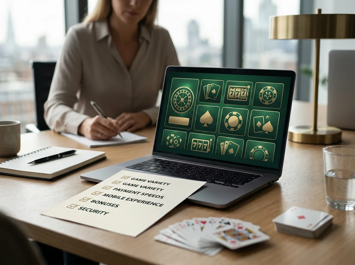 Rainbow Riches Casino UK review desk with cards, checklist and verification notes